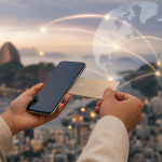 Pessoa usando celular em pagamento digital com representação visual de conexão financeira entre Brasil e Europa