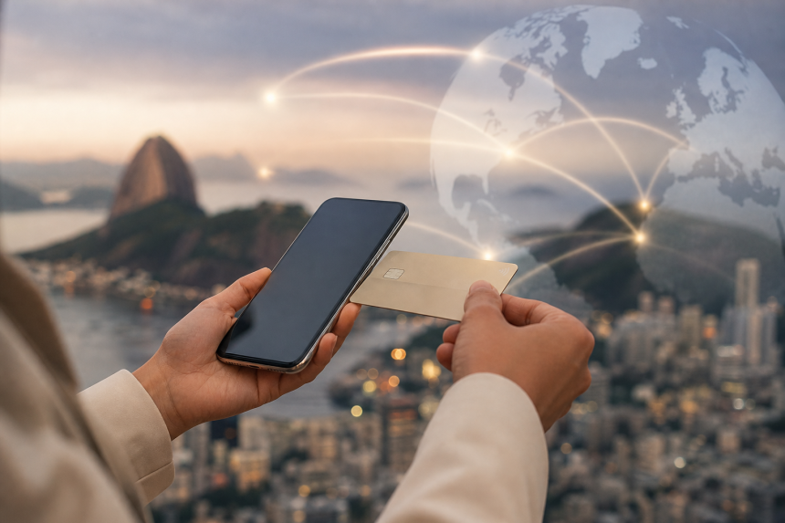 Pessoa usando celular em pagamento digital com representação visual de conexão financeira entre Brasil e Europa