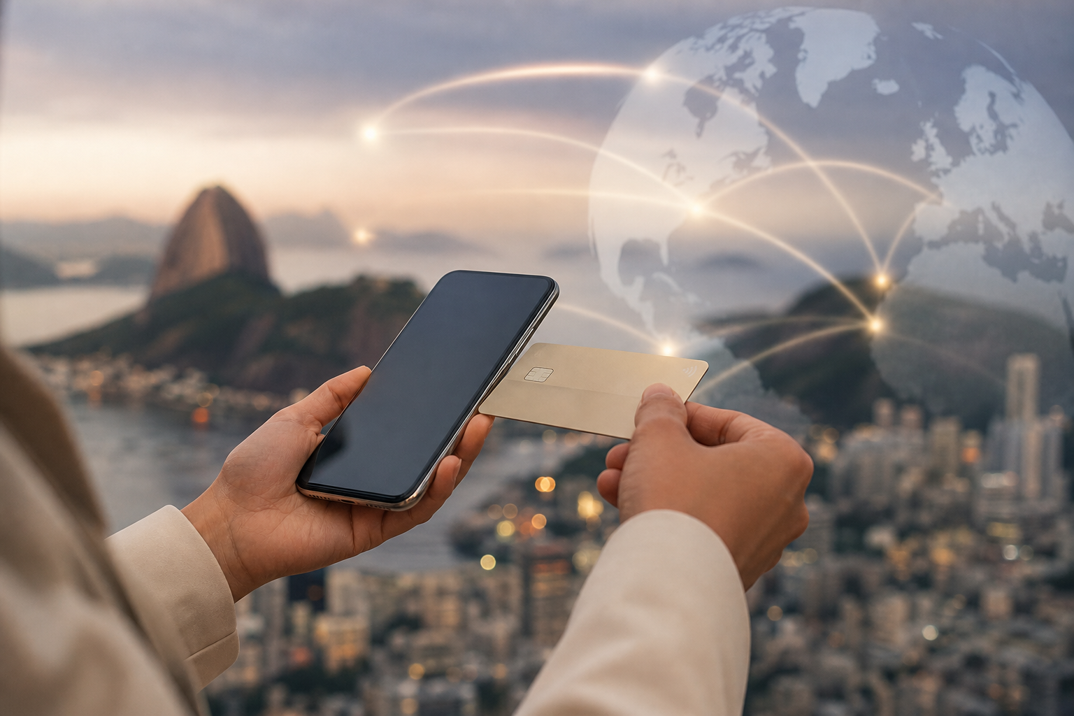 Pessoa usando celular em pagamento digital com representação visual de conexão financeira entre Brasil e Europa