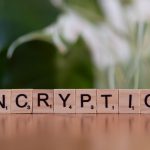 Blocos de madeira formam a palavra “encryption”, em referência à criptografia e à proteção de dados digitais.