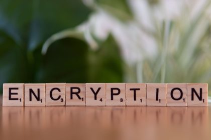 Blocos de madeira formam a palavra “encryption”, em referência à criptografia e à proteção de dados digitais.