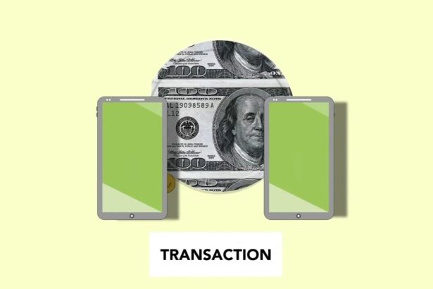 Ilustração isométrica de celulares realizando uma transferência de dinheiro online sobre fundo claro