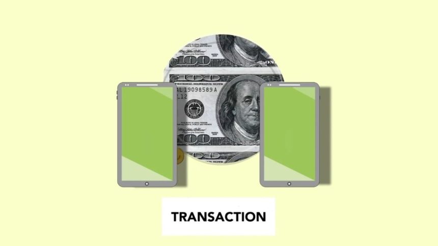 Ilustração isométrica de celulares realizando uma transferência de dinheiro online sobre fundo claro
