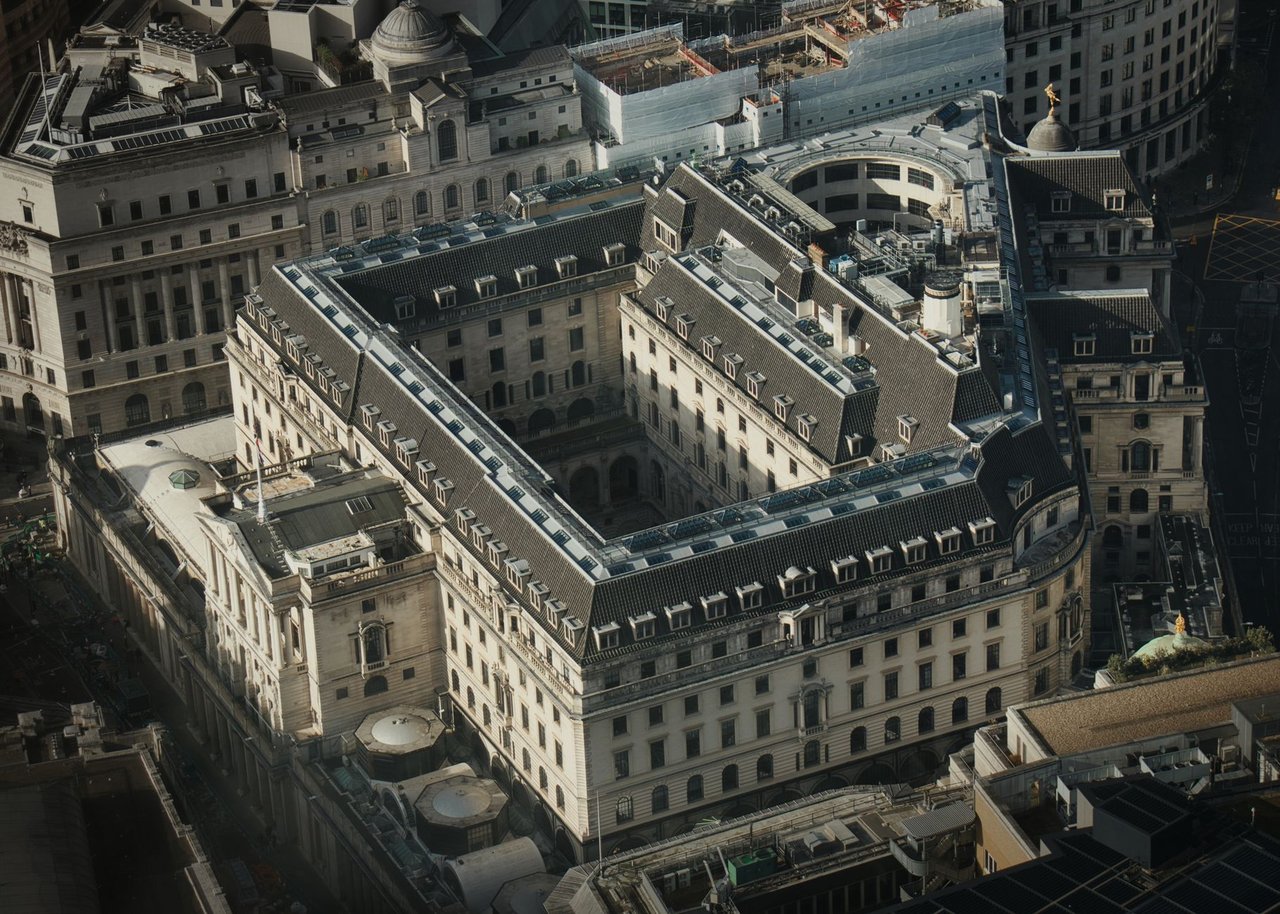 Vista aérea do edifício histórico do Banco da Inglaterra, em Londres.
